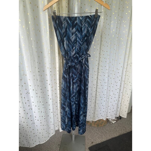 JWLovesMe Strapless Graphic Chevron Tie Belt Capri Wide Leg Palazzo Jumpsuit M - Picture 3 of 6
